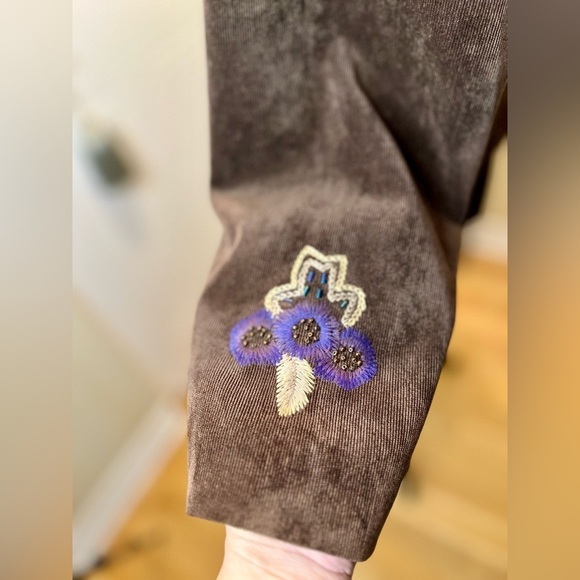 Vintage TanJay Brown embroidered beaded floral corduroy lined open front jacket - Picture 6 of 9